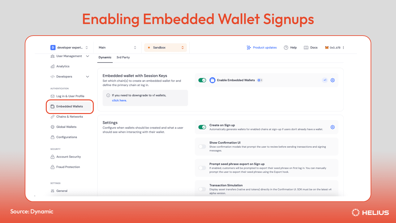 toggle on embedded wallet support within your dynamic dashboard