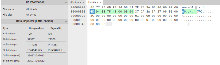 Hexed UI showing bytes that correspond to our input argument 336971797613