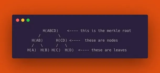 merkle tree data structure diagram with a root, node, and leaves