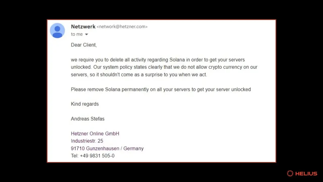 email notification sent to Hetzner customers instructing them to remove Solana client software from their servers