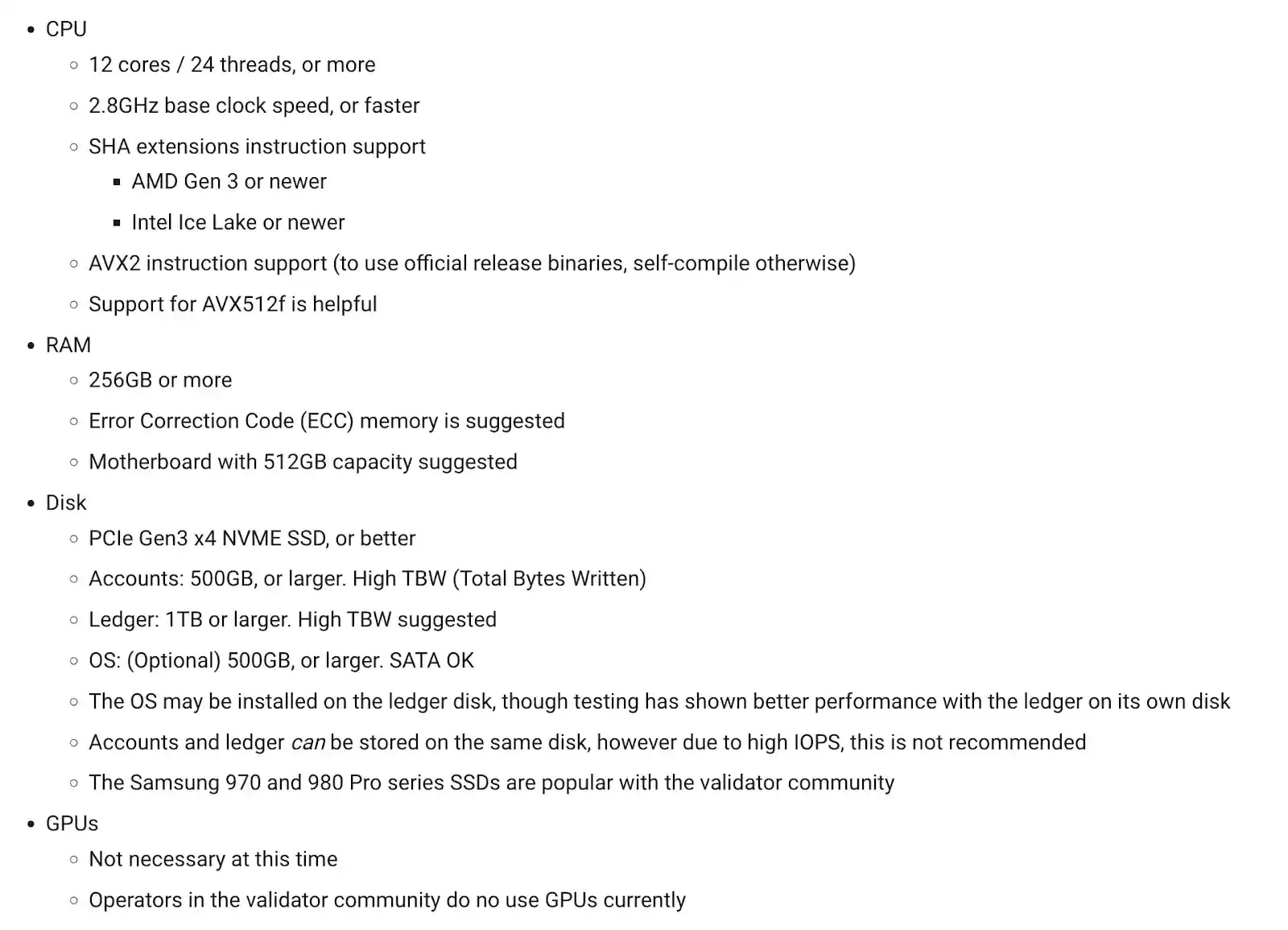 Solana's validator hardware guidelines