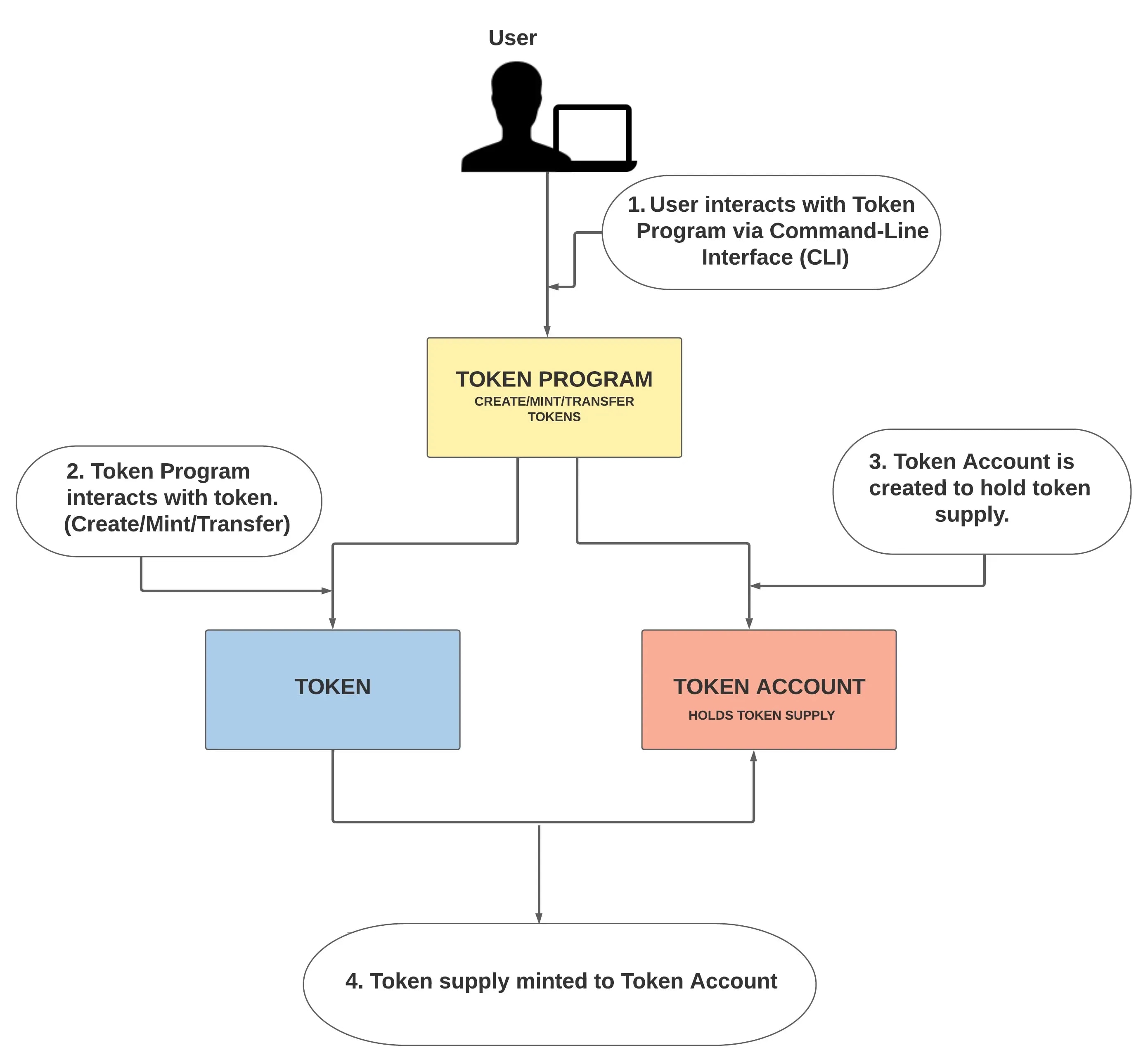 Visual showing relationship between Token Program, Token, and Token Account.