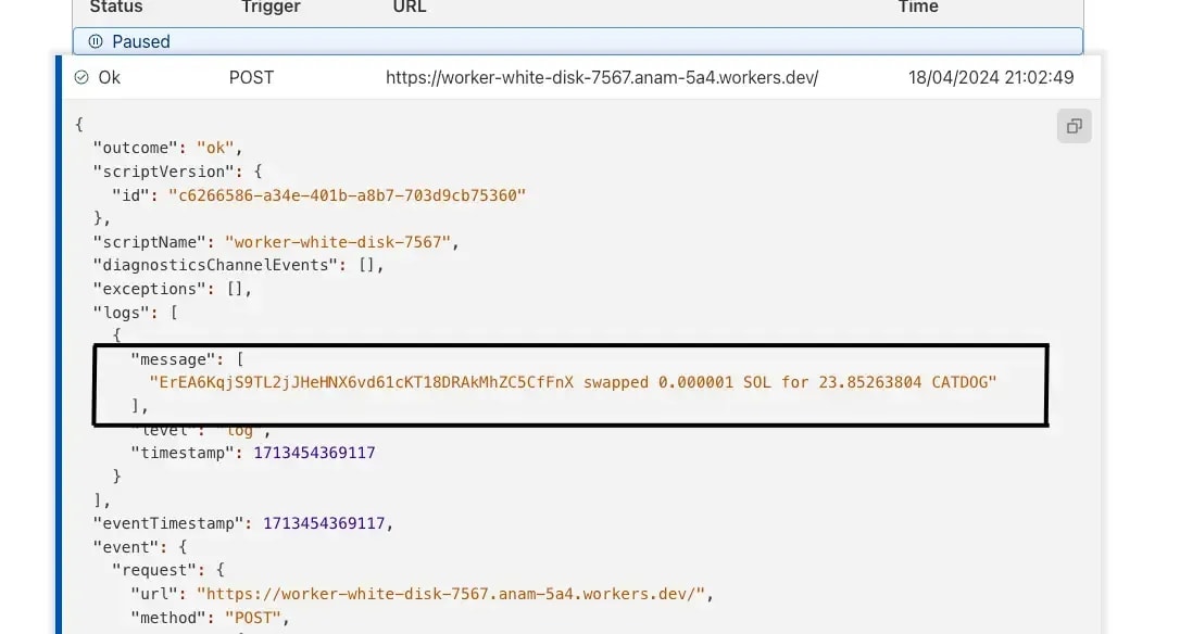 Webhook response displayed in Cloudflare Wroker's Logs