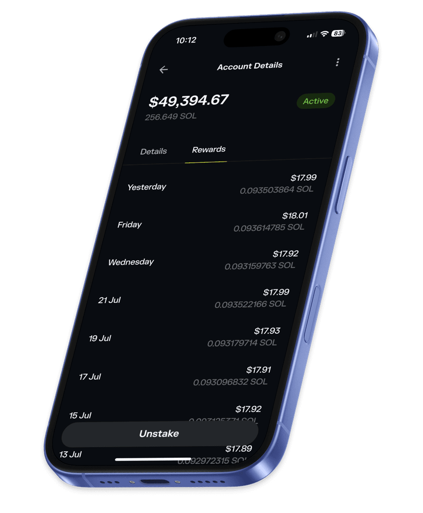 Mobile app interface mockup showing staking details